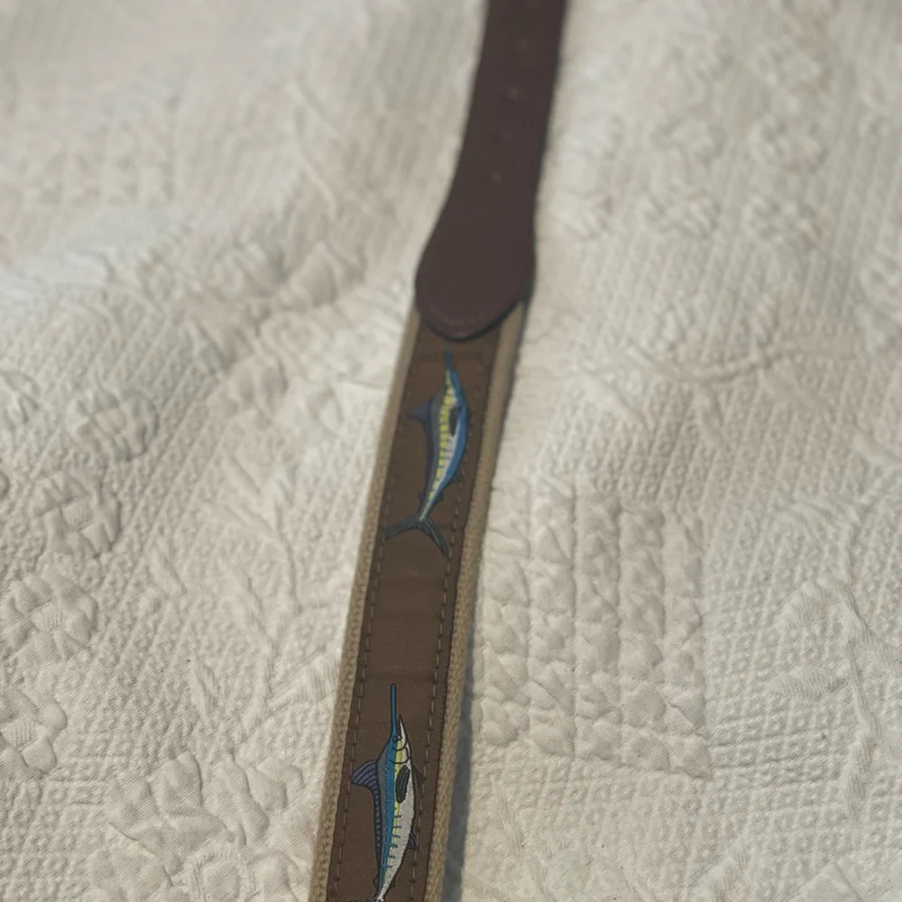 Fish Design Leather-Trim Kids Belt - Brown tan Blue Sz 26 Measure 31 W/O Buckle